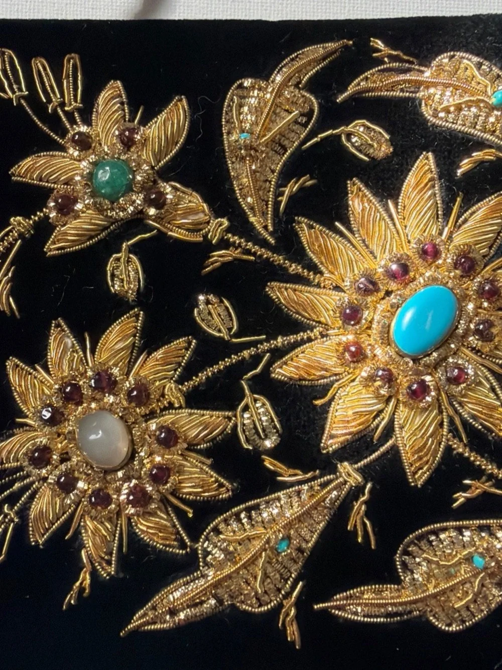 Black Velvet Evening Clutch with Gold Floral Embroidery and Gem Accents